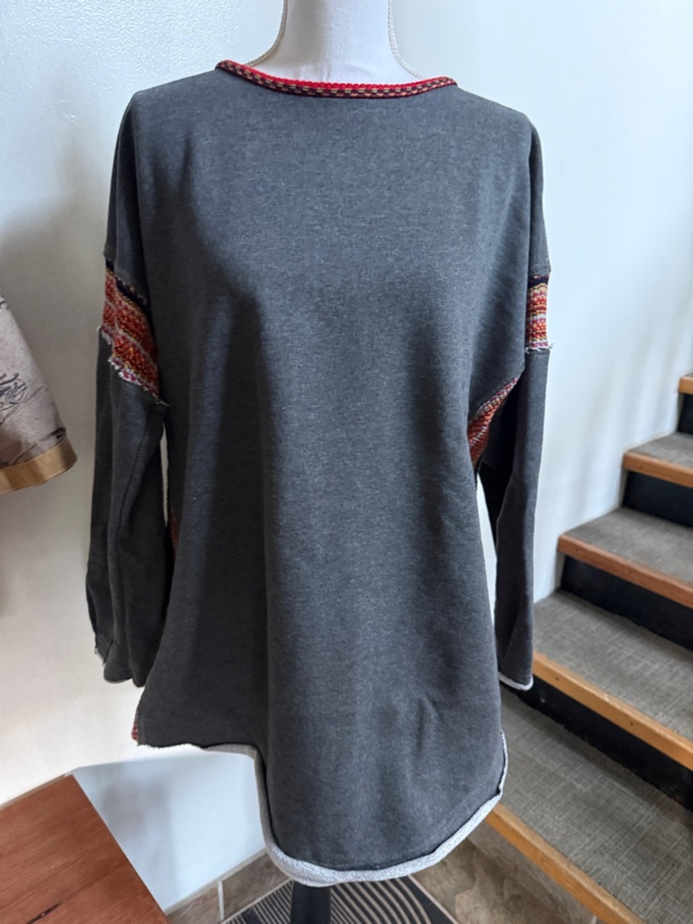 NATURAL LIFE Charcoal Sweatshirt with Red Trim and Patterned Sleeves